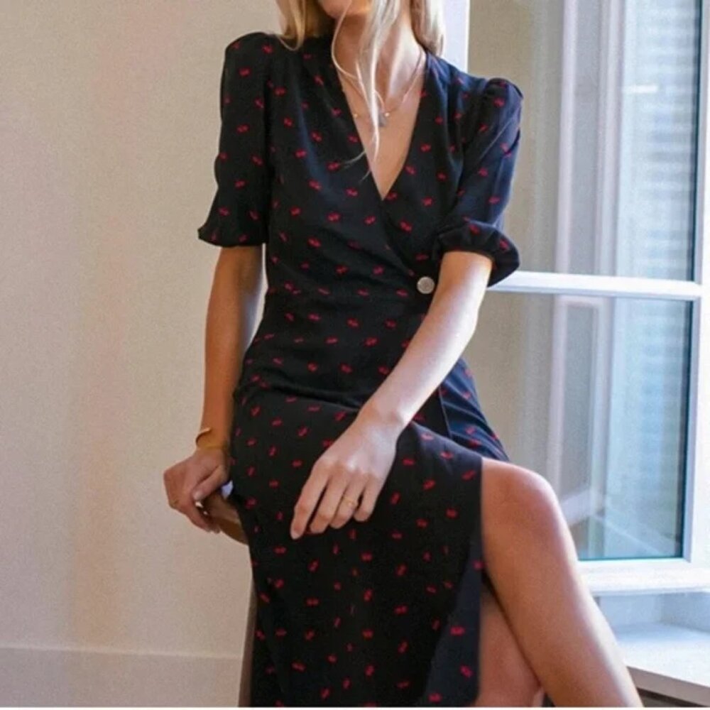 New Rouje Rosalie Dress Midi Wrap Cerise Cherry Print